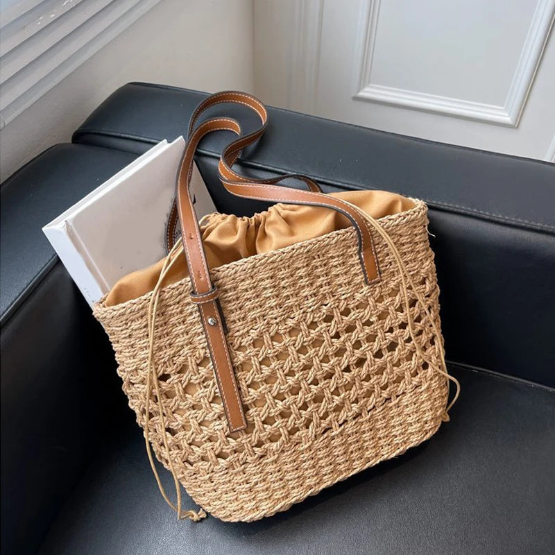 Designer Casual Rattan Wicker Tote Bag - Large Capacity Woven Women's Summer Beach Straw Handbag, Lady Travel Big Basket