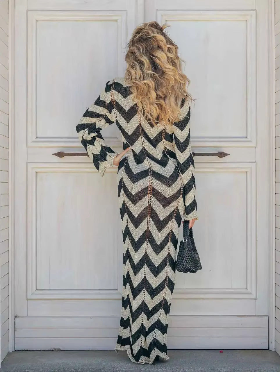 Striped Knitted Maxi Dress – Elegant V-Neck Beach Cover-Up & Autumn Statement Look