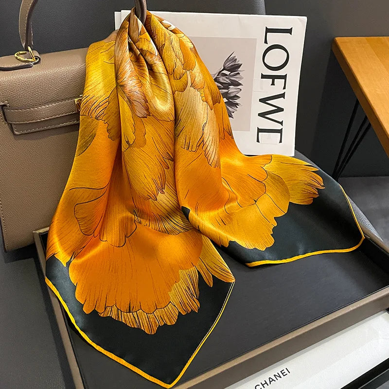 Luxury Silk Satin Head Scarf – Printed 70x70 -  Square Shawl for Women