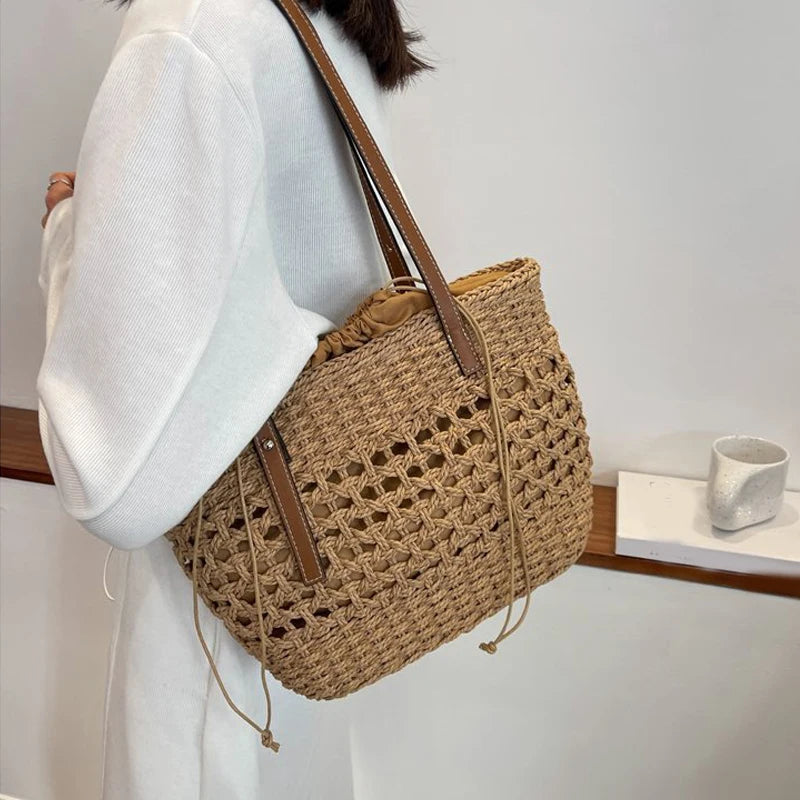 Designer Casual Rattan Wicker Tote Bag - Large Capacity Woven Women's Summer Beach Straw Handbag, Lady Travel Big Basket