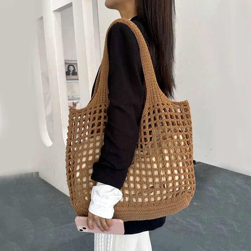 Knitted Hollow Shoulder Bag - Underarm Bag, Large Capacity Crochet Shopping Tote, Casual Beach Bag, Commuting Bag
