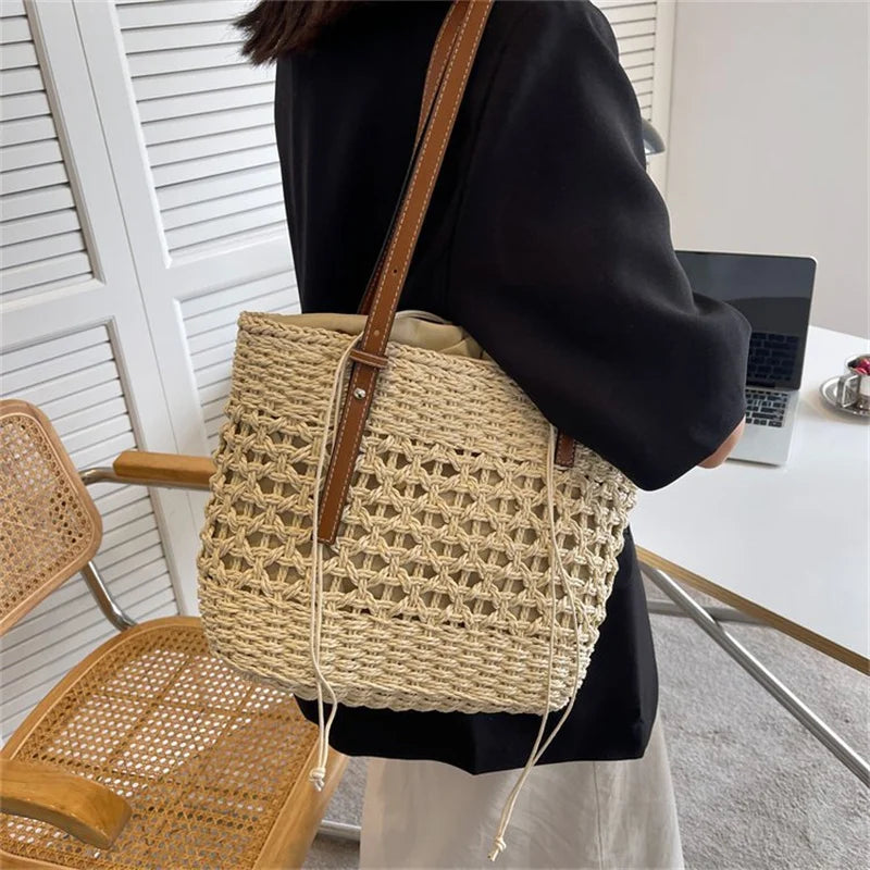 Designer Casual Rattan Wicker Tote Bag - Large Capacity Woven Women's Summer Beach Straw Handbag, Lady Travel Big Basket