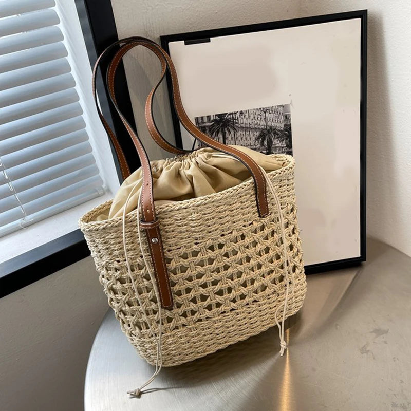 Designer Casual Rattan Wicker Tote Bag - Large Capacity Woven Women's Summer Beach Straw Handbag, Lady Travel Big Basket