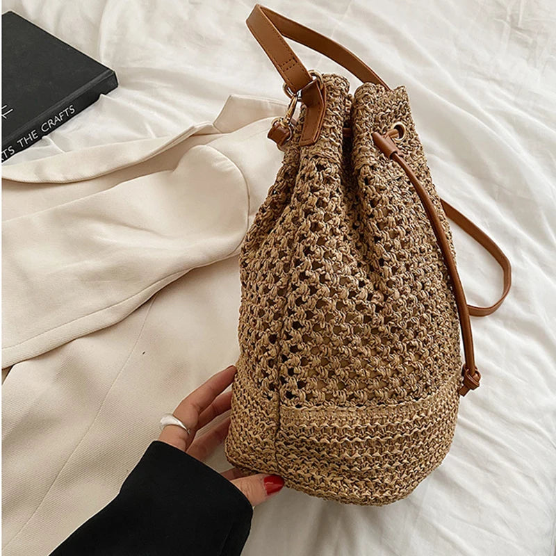 Woven Straw Bag Ladies Bucket Crossbody - Summer Beach Bag, Retro Travel Shoulder Bag, Small Purse and Handbag for Women