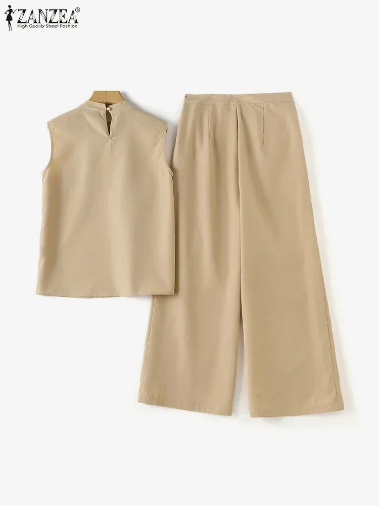 Elegant Women’s 2-Piece Set – Sleeveless Top & Wide-Leg Pants Outfit for Summer Fashion