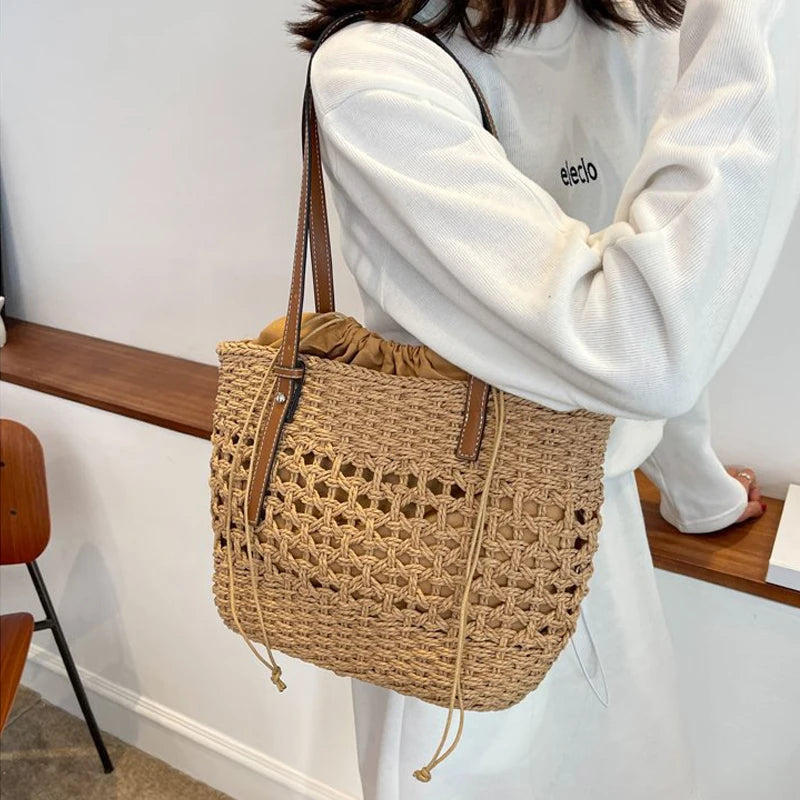 Designer Casual Rattan Wicker Tote Bag - Large Capacity Woven Women's Summer Beach Straw Handbag, Lady Travel Big Basket