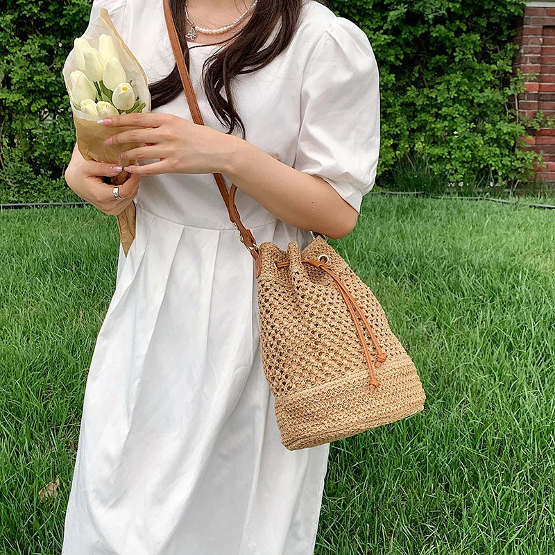 Woven Straw Bag Ladies Bucket Crossbody - Summer Beach Bag, Retro Travel Shoulder Bag, Small Purse and Handbag for Women