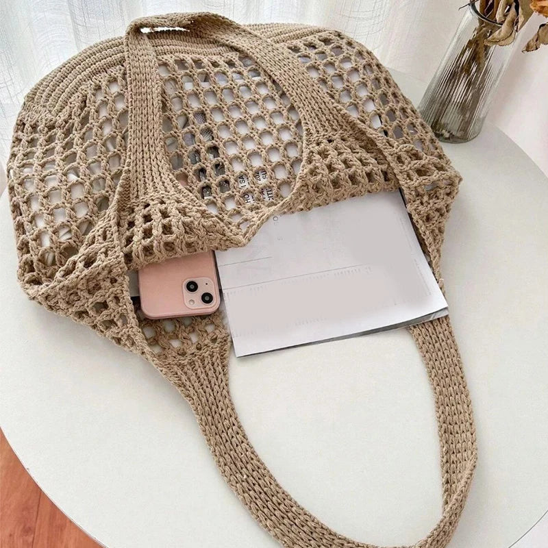 Women's Crochet Tote Bag - Hollow Beach Bag, Large Capacity Fashion Knitted Bag, Solid Color Simple Shopping Bag for Travel and Vacation
