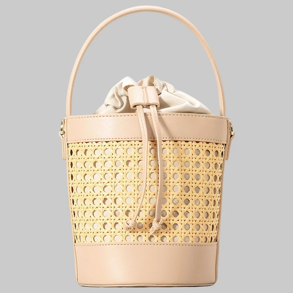 Straw Beach Bag with PU Leather Bucket Design - Summer Hollow Shoulder Bag, Holiday Travel Handbag for Women