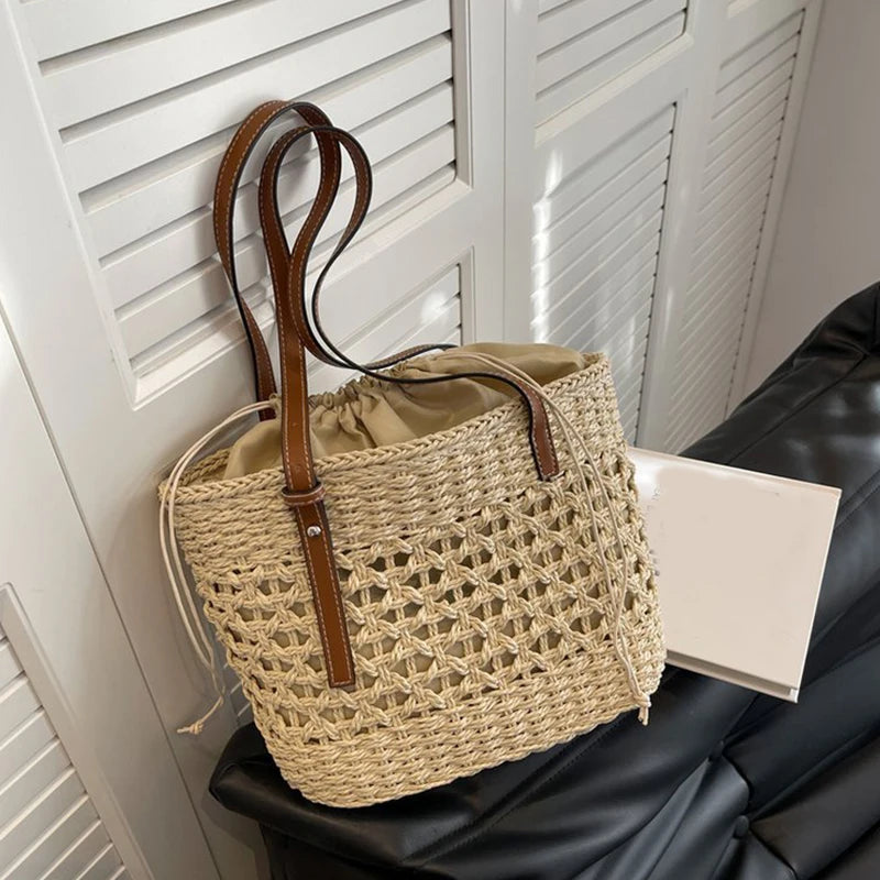 Designer Casual Rattan Wicker Tote Bag - Large Capacity Woven Women's Summer Beach Straw Handbag, Lady Travel Big Basket