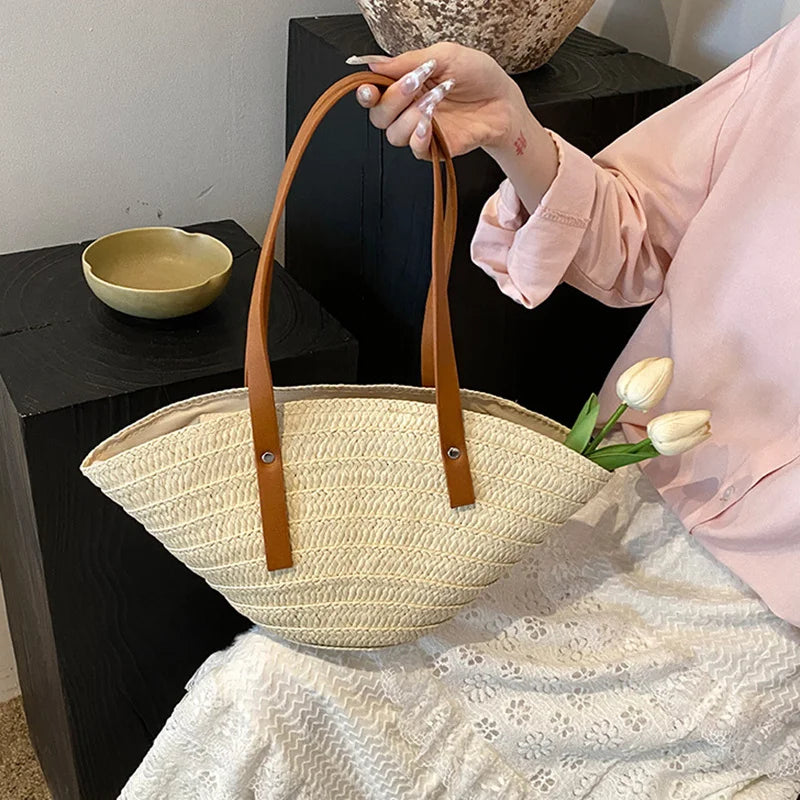 Women’s Braided Basket Top-Handle Bag - Large Capacity Straw Portable Shoulder Bag, Summer Beach Purses, Shopper Satchel
