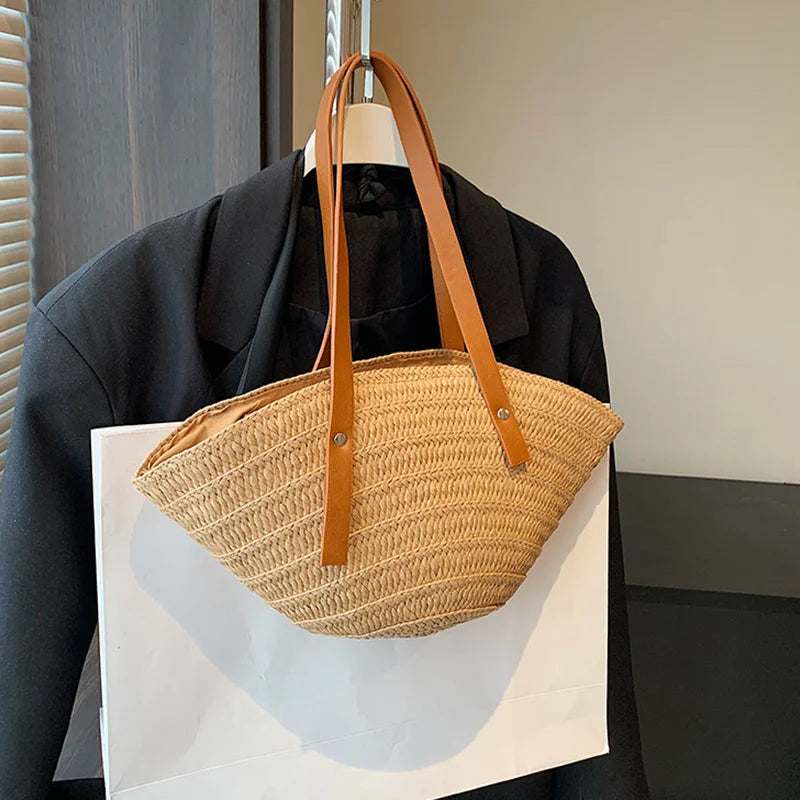 Women’s Braided Basket Top-Handle Bag - Large Capacity Straw Portable Shoulder Bag, Summer Beach Purses, Shopper Satchel