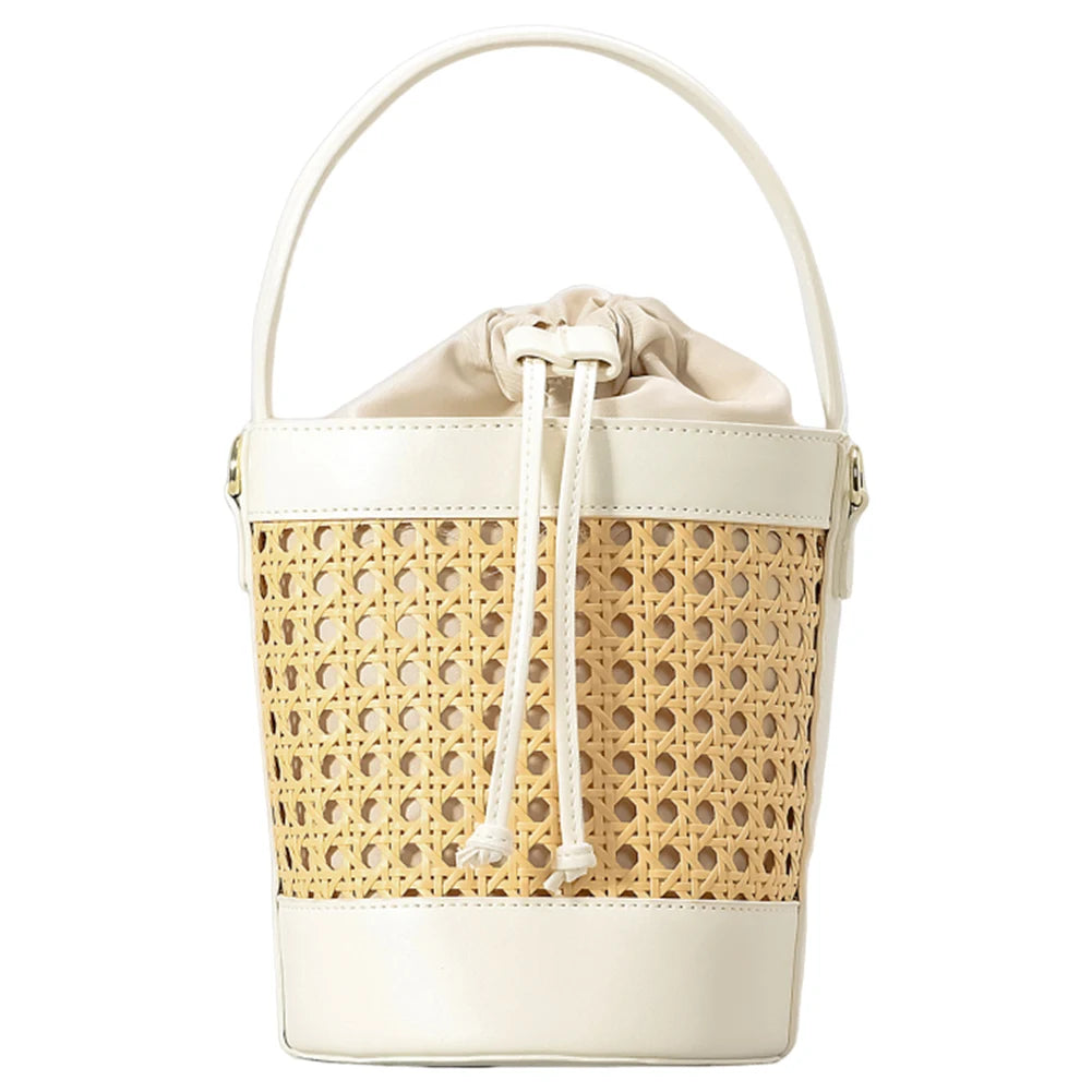 Straw Beach Bag with PU Leather Bucket Design - Summer Hollow Shoulder Bag, Holiday Travel Handbag for Women