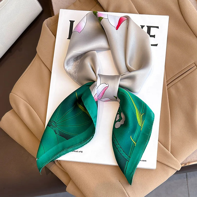 Luxury Silk Satin Head Scarf – Printed 70x70 -  Square Shawl for Women