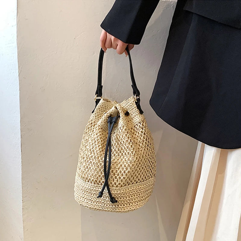 Woven Straw Bag Ladies Bucket Crossbody - Summer Beach Bag, Retro Travel Shoulder Bag, Small Purse and Handbag for Women