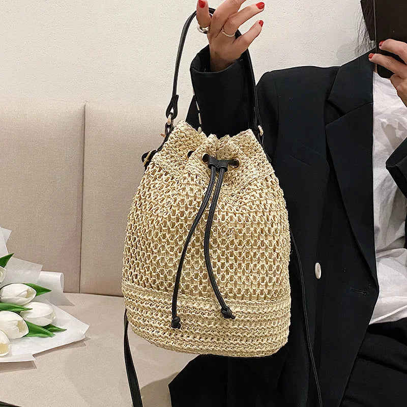 Woven Straw Bag Ladies Bucket Crossbody - Summer Beach Bag, Retro Travel Shoulder Bag, Small Purse and Handbag for Women