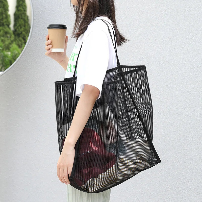 Literary Mesh Hollow Out Tote Bag for Women - Summer Beach Handbag, Large Capacity Shoulder Bag, Student Bookbag