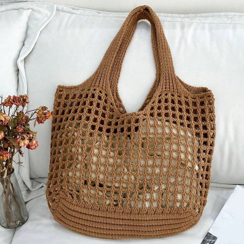 Knitted Hollow Shoulder Bag - Underarm Bag, Large Capacity Crochet Shopping Tote, Casual Beach Bag, Commuting Bag