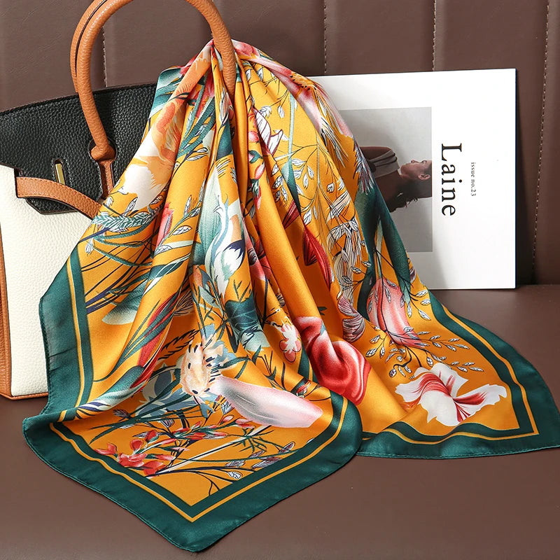 Luxury Silk Satin Head Scarf – Printed 70x70 -  Square Shawl for Women