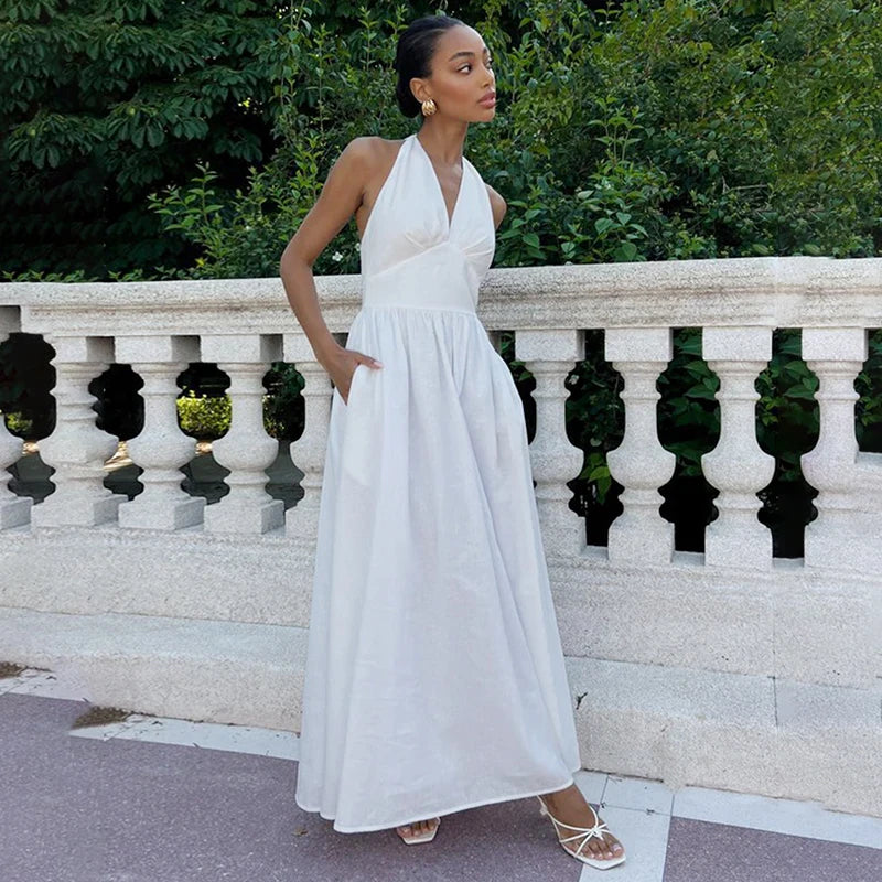 Tornova V neck Bandage Long Dress With Lined Women Fashion Pure Cotton Halter A-line Maxi Dress