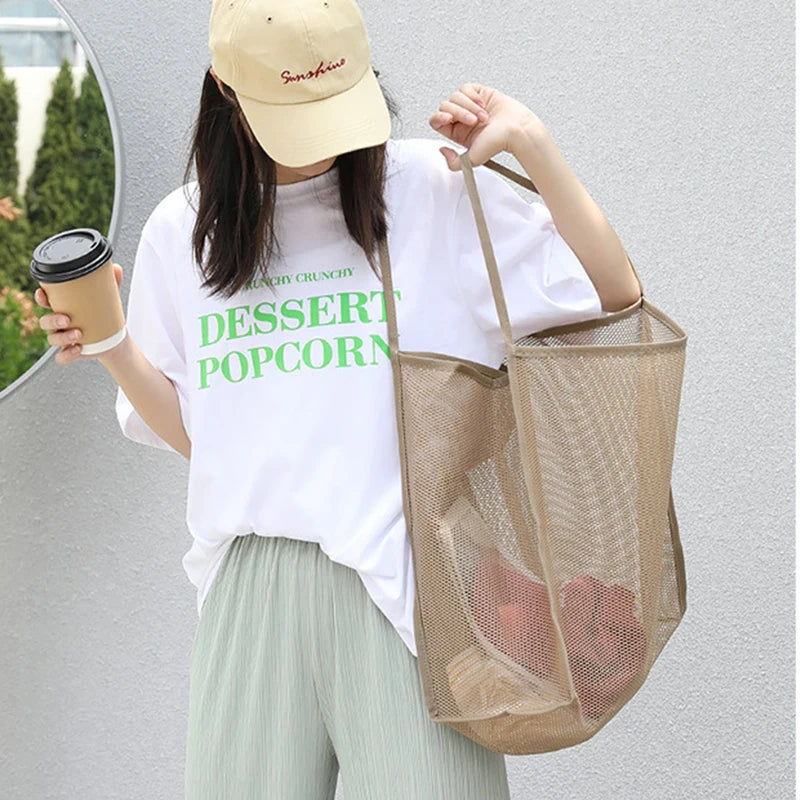 Literary Mesh Hollow Out Tote Bag for Women - Summer Beach Handbag, Large Capacity Shoulder Bag, Student Bookbag