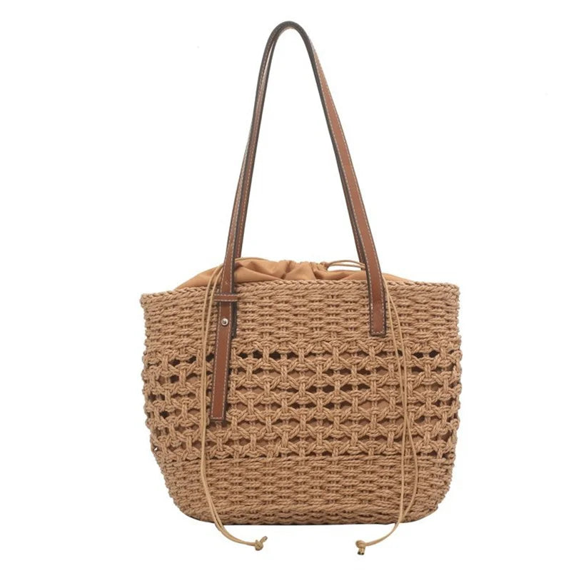 Designer Casual Rattan Wicker Tote Bag - Large Capacity Woven Women's Summer Beach Straw Handbag, Lady Travel Big Basket