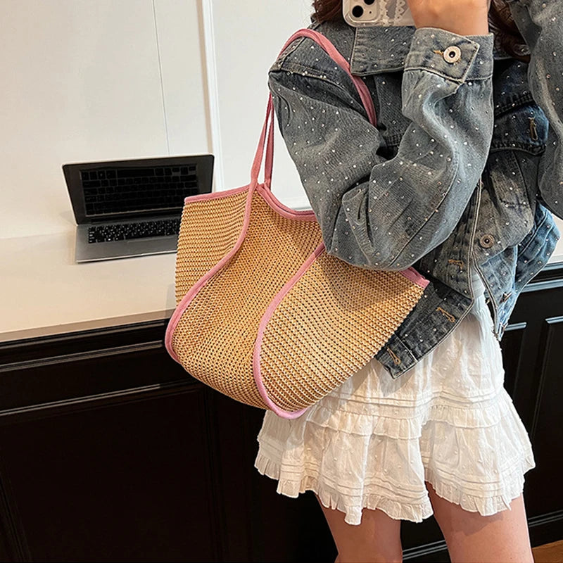 Women's Fashion Versatile Large-Capacity Braid Shoulder Bags - Designer Straw Woven Summer Beach Bags, Ladies Leisure Tote Bag