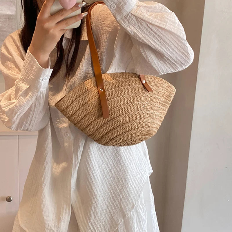 Women’s Braided Basket Top-Handle Bag - Large Capacity Straw Portable Shoulder Bag, Summer Beach Purses, Shopper Satchel