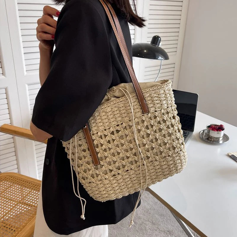 Designer Casual Rattan Wicker Tote Bag - Large Capacity Woven Women's Summer Beach Straw Handbag, Lady Travel Big Basket