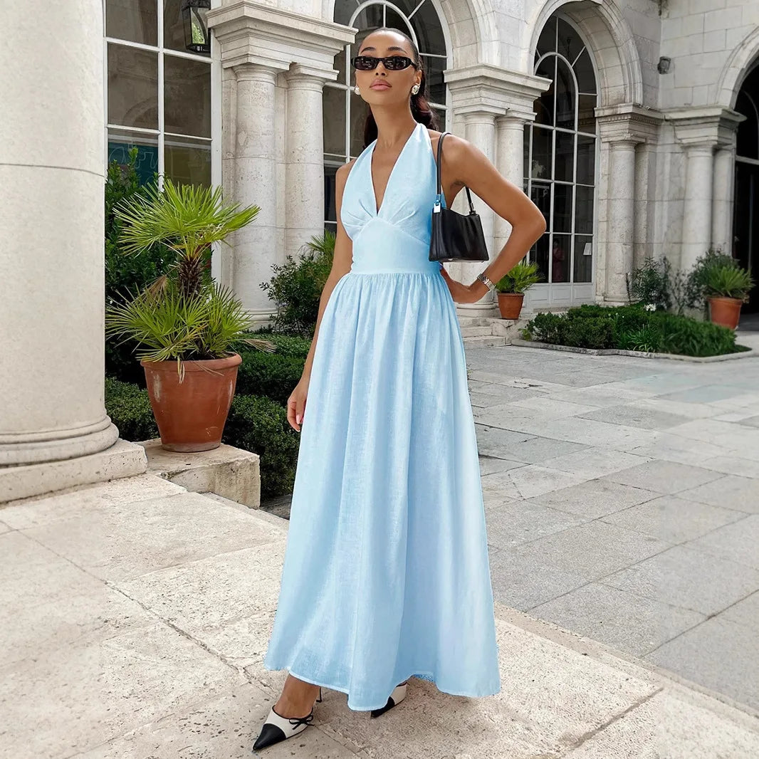Tornova V neck Bandage Long Dress With Lined Women Fashion Pure Cotton Halter A-line Maxi Dress