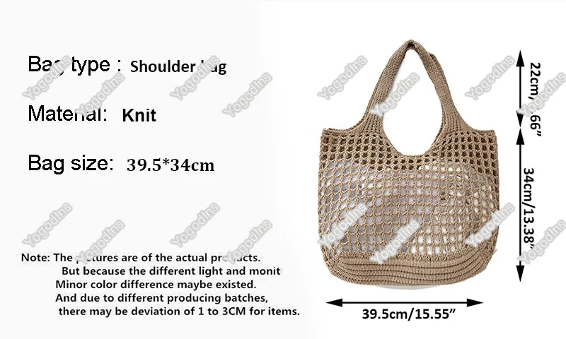 Women's Crochet Tote Bag - Hollow Beach Bag, Large Capacity Fashion Knitted Bag, Solid Color Simple Shopping Bag for Travel and Vacation