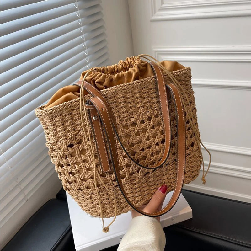 Designer Casual Rattan Wicker Tote Bag - Large Capacity Woven Women's Summer Beach Straw Handbag, Lady Travel Big Basket