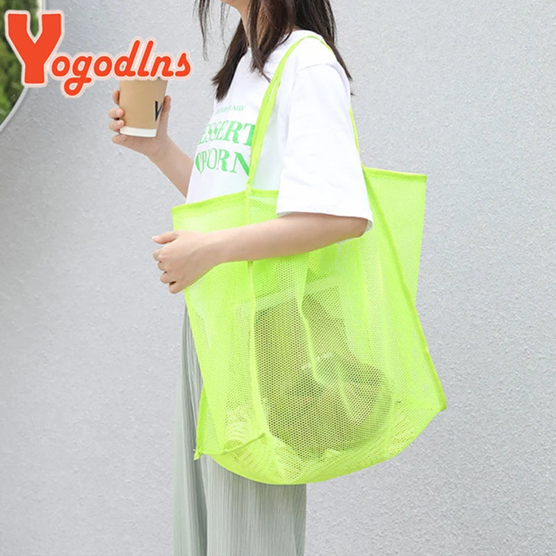Literary Mesh Hollow Out Tote Bag for Women - Summer Beach Handbag, Large Capacity Shoulder Bag, Student Bookbag