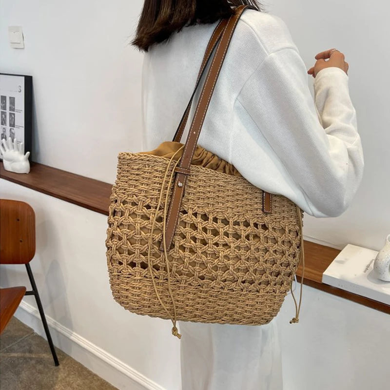 Designer Casual Rattan Wicker Tote Bag - Large Capacity Woven Women's Summer Beach Straw Handbag, Lady Travel Big Basket