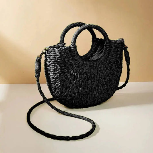 Boho Half-Moon Rattan Beach Bag – Large Capacity Woven Shoulder Tote for Summer & Travel