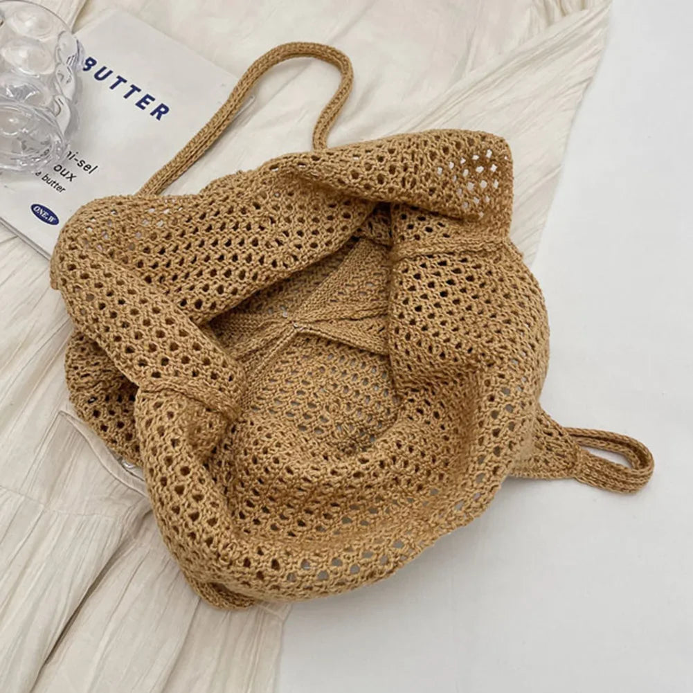 Fashion Women's Hollow Woven Shoulder Bags - Large Capacity Knitting Underarm Bag, Solid Crochet Tote Handbag, Summer Mesh Beach Bag