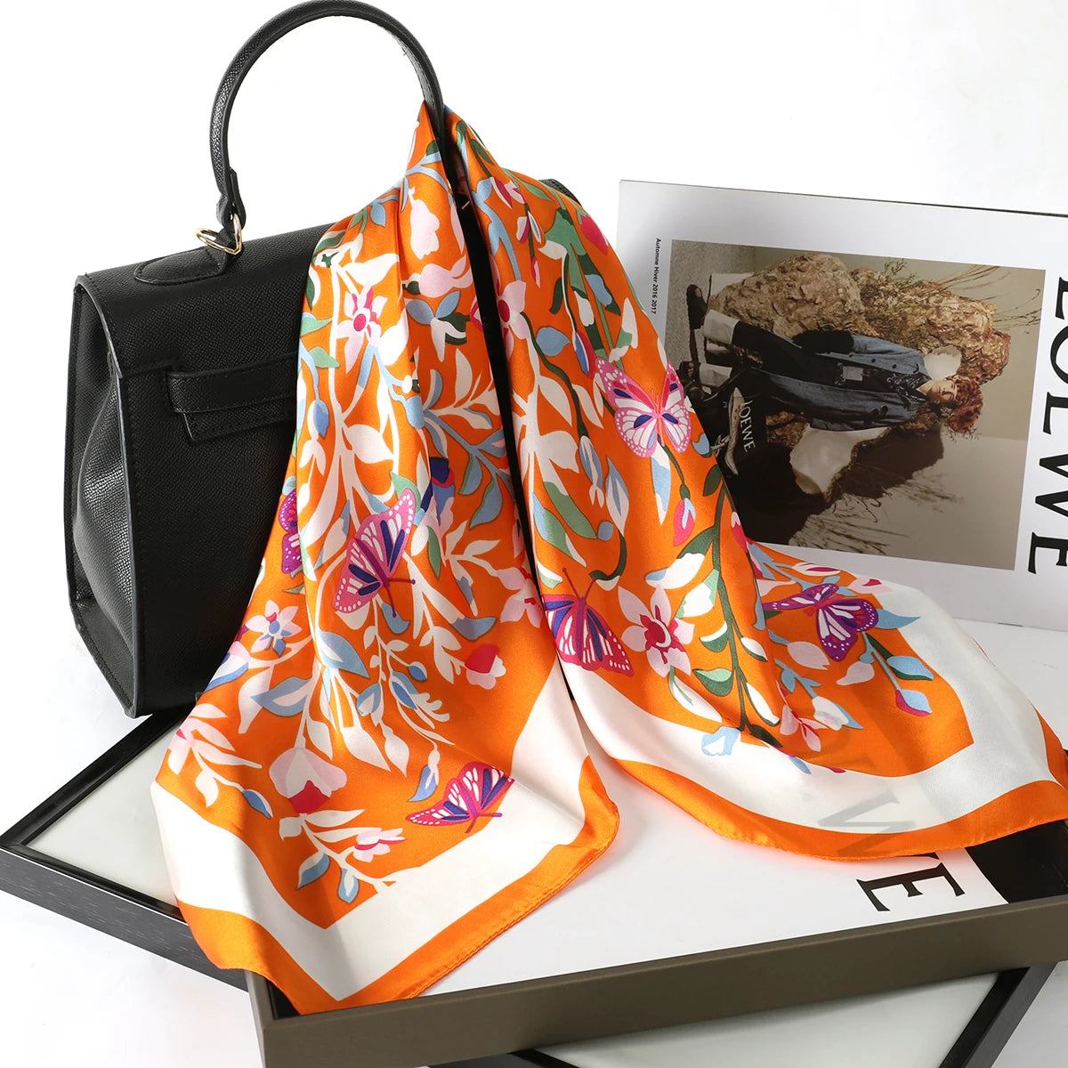 Luxury Silk Satin Head Scarf – Printed 70x70 -  Square Shawl for Women
