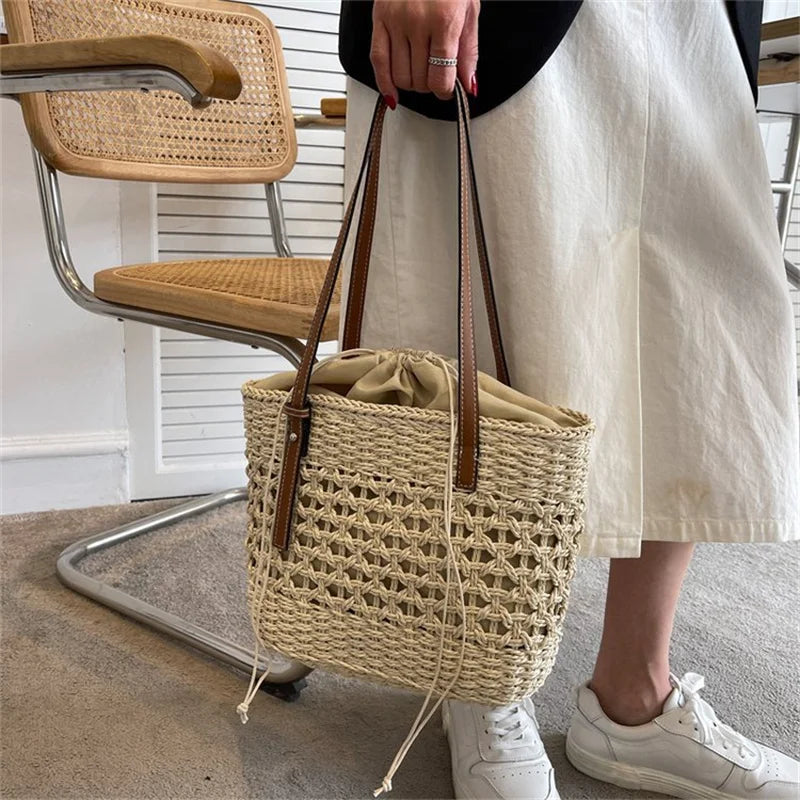 Designer Casual Rattan Wicker Tote Bag - Large Capacity Woven Women's Summer Beach Straw Handbag, Lady Travel Big Basket