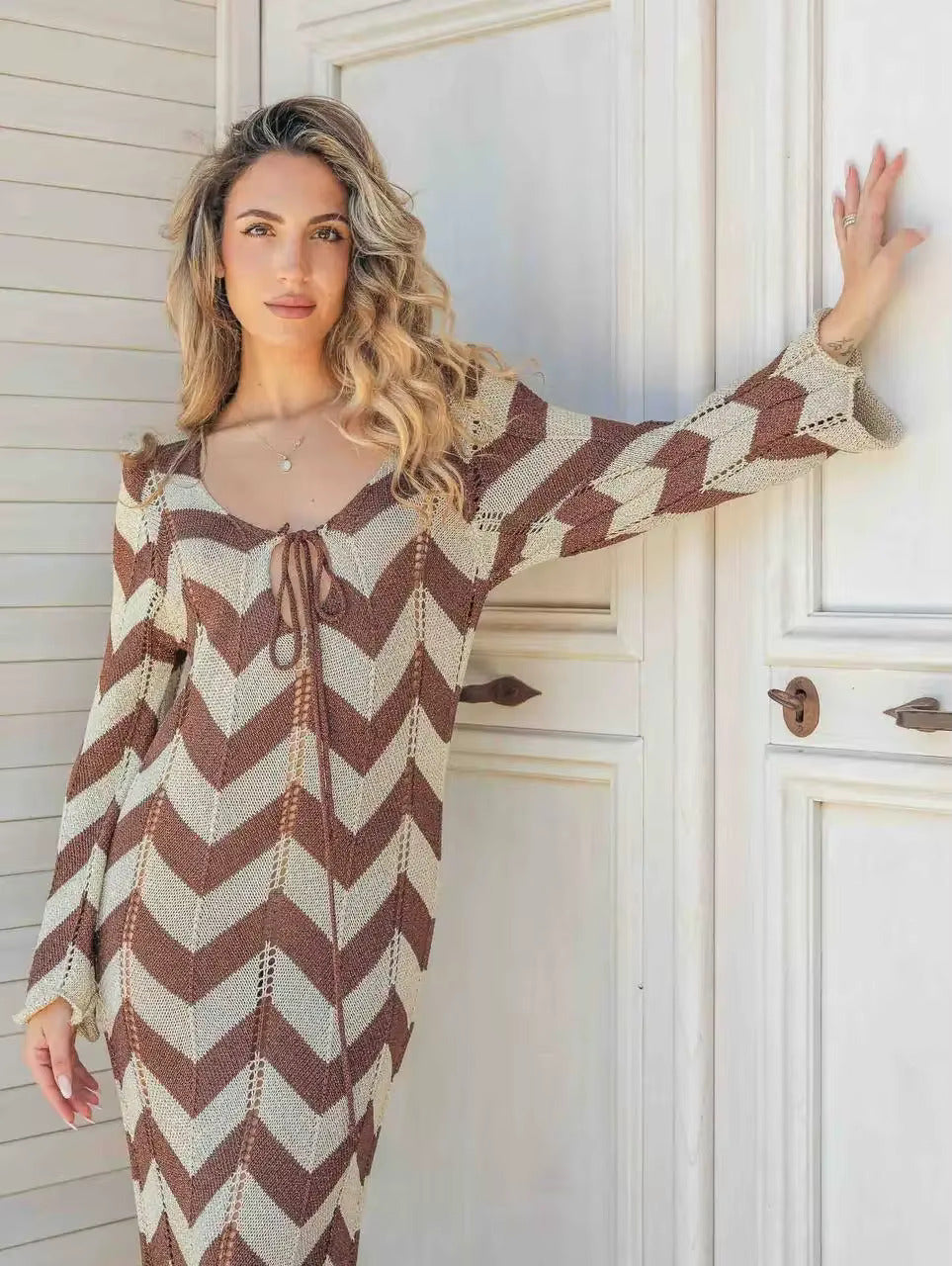 Striped Knitted Maxi Dress – Elegant V-Neck Beach Cover-Up & Autumn Statement Look