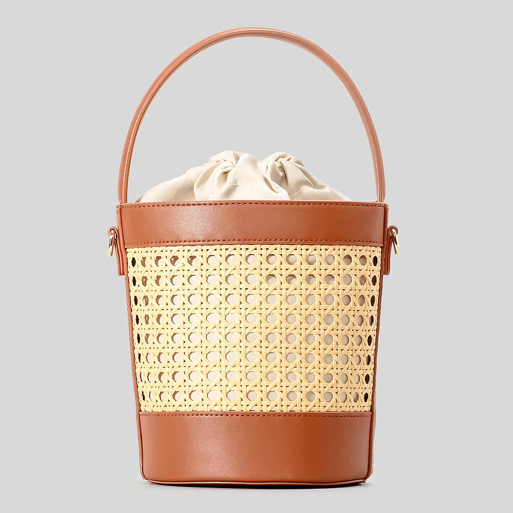 Straw Beach Bag with PU Leather Bucket Design - Summer Hollow Shoulder Bag, Holiday Travel Handbag for Women