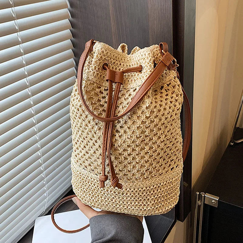 Woven Straw Bag Ladies Bucket Crossbody - Summer Beach Bag, Retro Travel Shoulder Bag, Small Purse and Handbag for Women