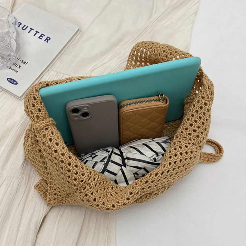 Fashion Women's Hollow Woven Shoulder Bags - Large Capacity Knitting Underarm Bag, Solid Crochet Tote Handbag, Summer Mesh Beach Bag