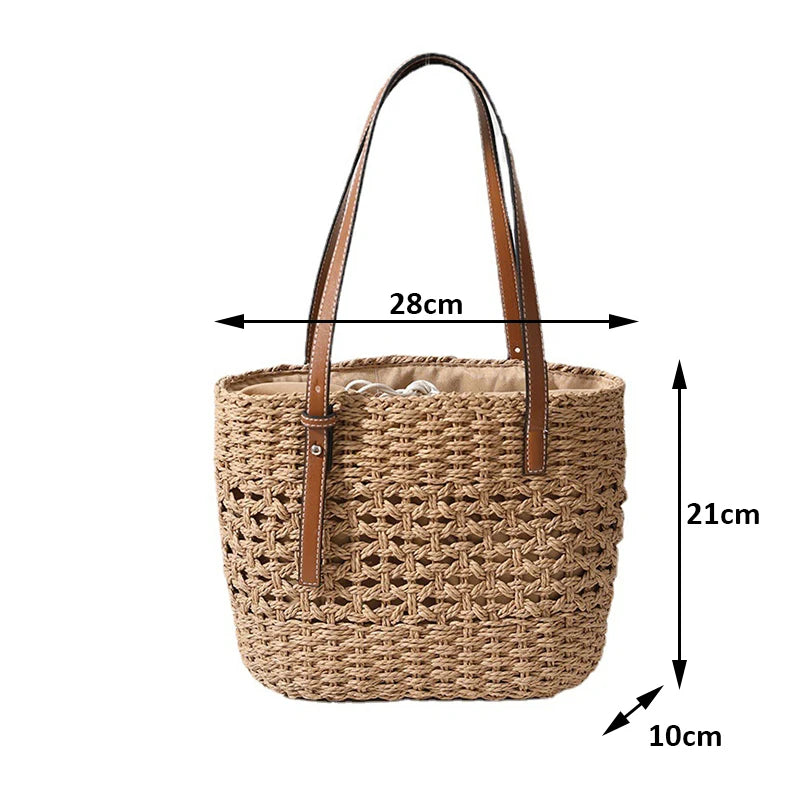 Designer Casual Rattan Wicker Tote Bag - Large Capacity Woven Women's Summer Beach Straw Handbag, Lady Travel Big Basket