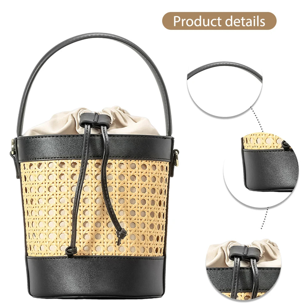 Straw Beach Bag with PU Leather Bucket Design - Summer Hollow Shoulder Bag, Holiday Travel Handbag for Women