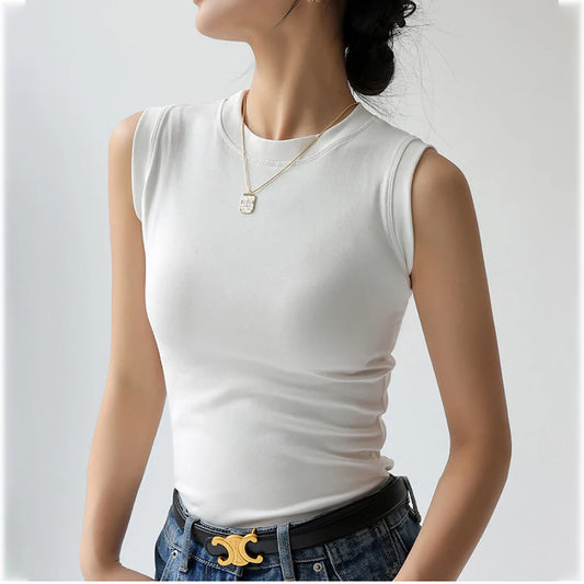 Cotton Camisole Tank Top – Soft Round Neck Sleeveless Undershirt with Side Coverage for Women