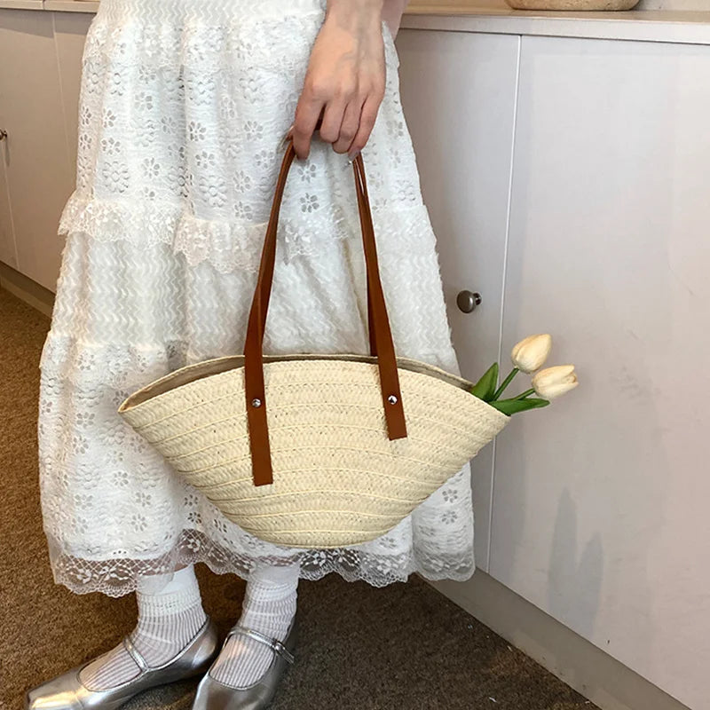 Women’s Braided Basket Top-Handle Bag - Large Capacity Straw Portable Shoulder Bag, Summer Beach Purses, Shopper Satchel