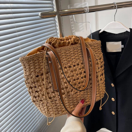 Designer Casual Rattan Wicker Tote Bag - Large Capacity Woven Women's Summer Beach Straw Handbag, Lady Travel Big Basket