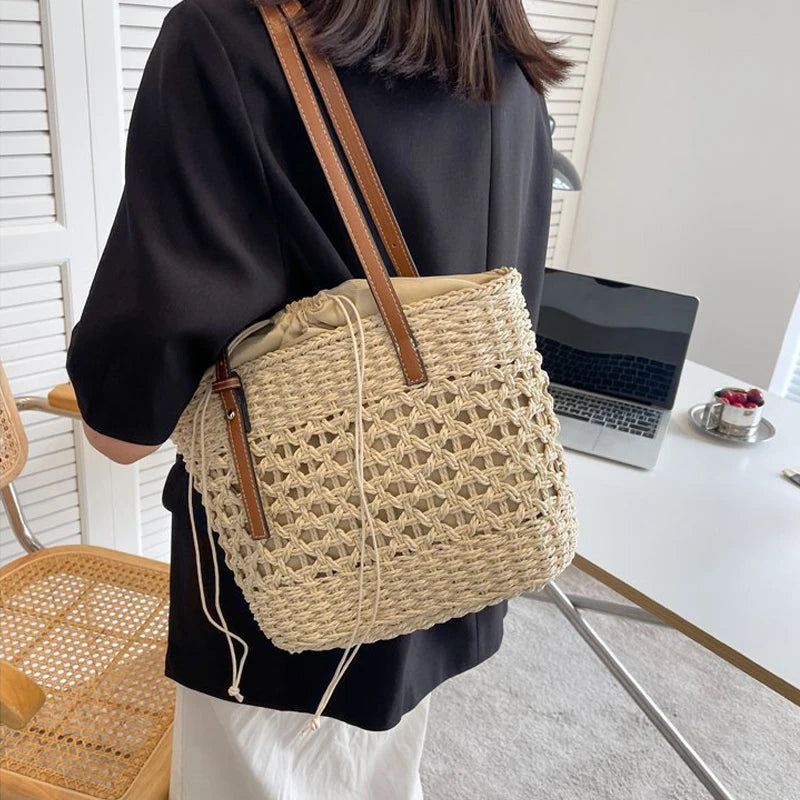 Designer Casual Rattan Wicker Tote Bag - Large Capacity Woven Women's Summer Beach Straw Handbag, Lady Travel Big Basket