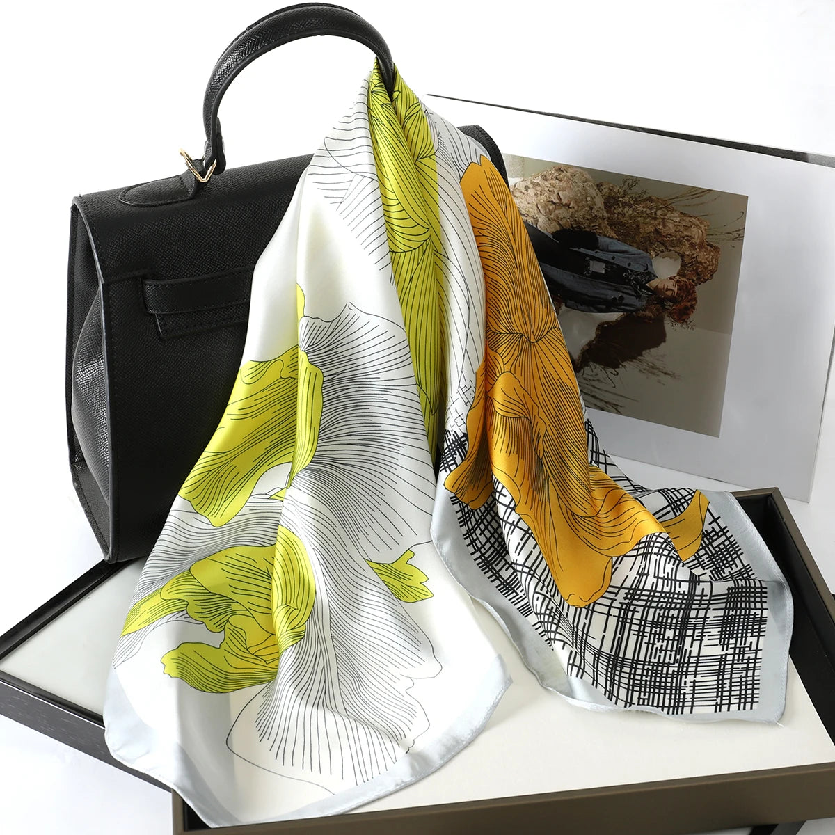 Luxury Silk Satin Head Scarf – Printed 70x70 -  Square Shawl for Women
