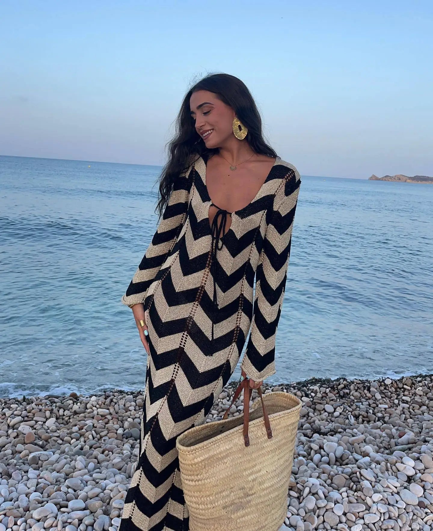 Striped Knitted Maxi Dress – Elegant V-Neck Beach Cover-Up & Autumn Statement Look